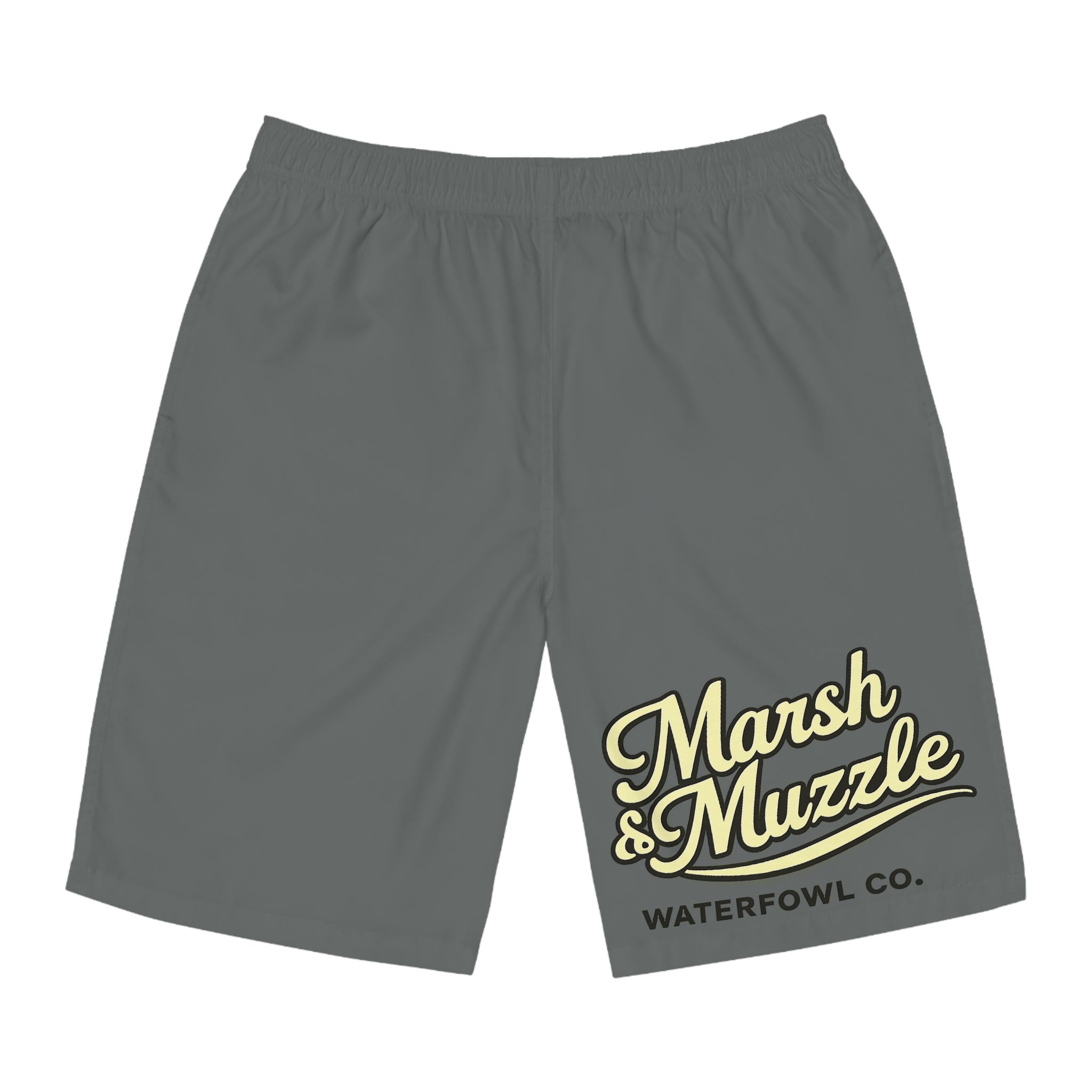 Board Shorts — Marsh & Muzzle Waterfowl Co. Logo Swim Trunks